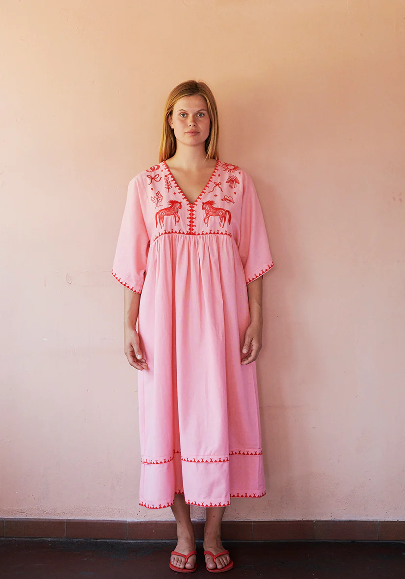 POLLY EMBROIDERY DRESS 3/4 SLEEVE - FLAMINGO